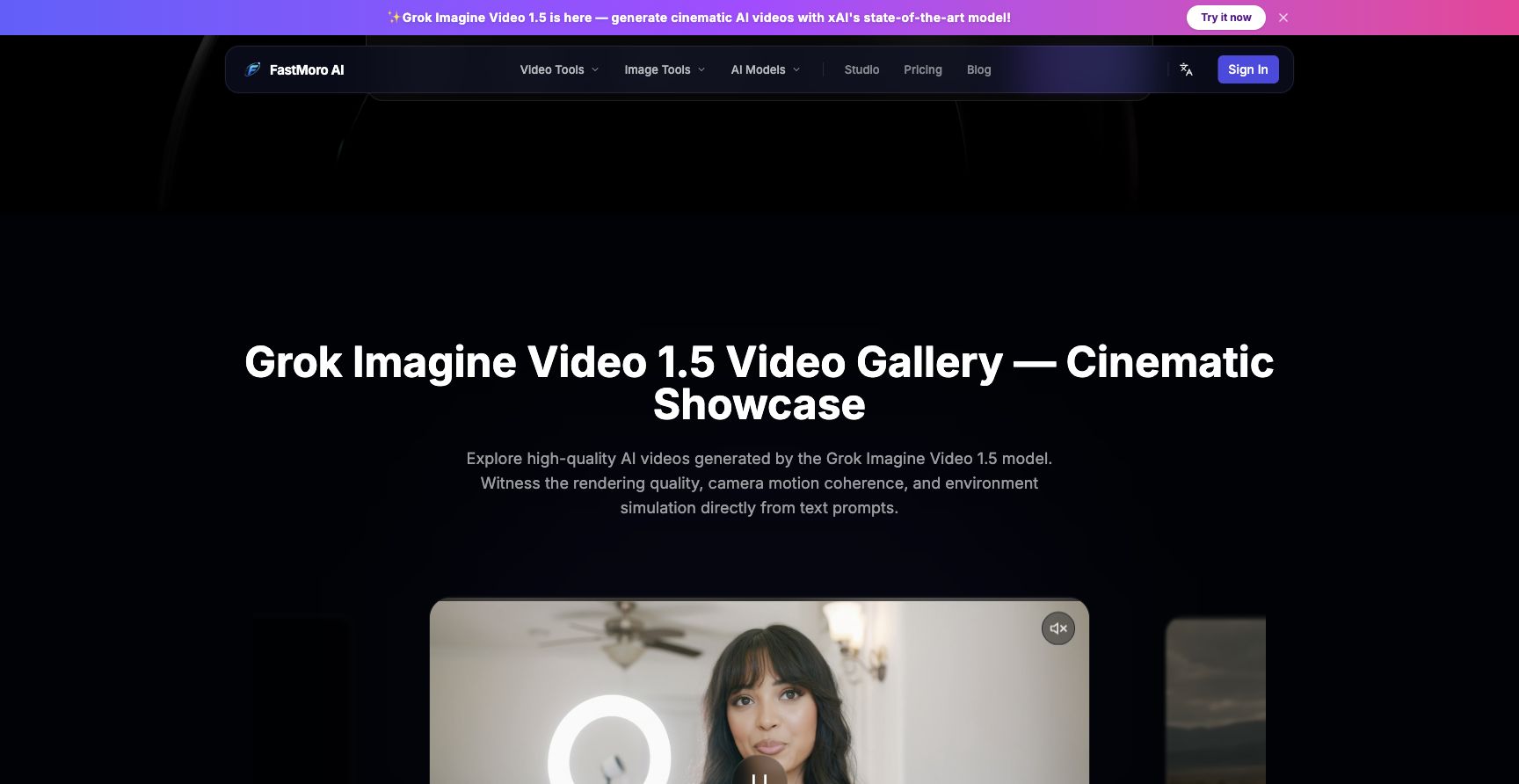 FastMoro AI Grok Imagine Video 1.5 generation interface and examples