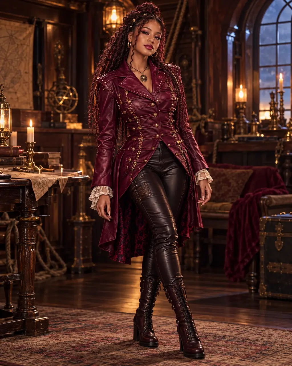 Hazel Hook Burgundy Coat complete costume and styling details