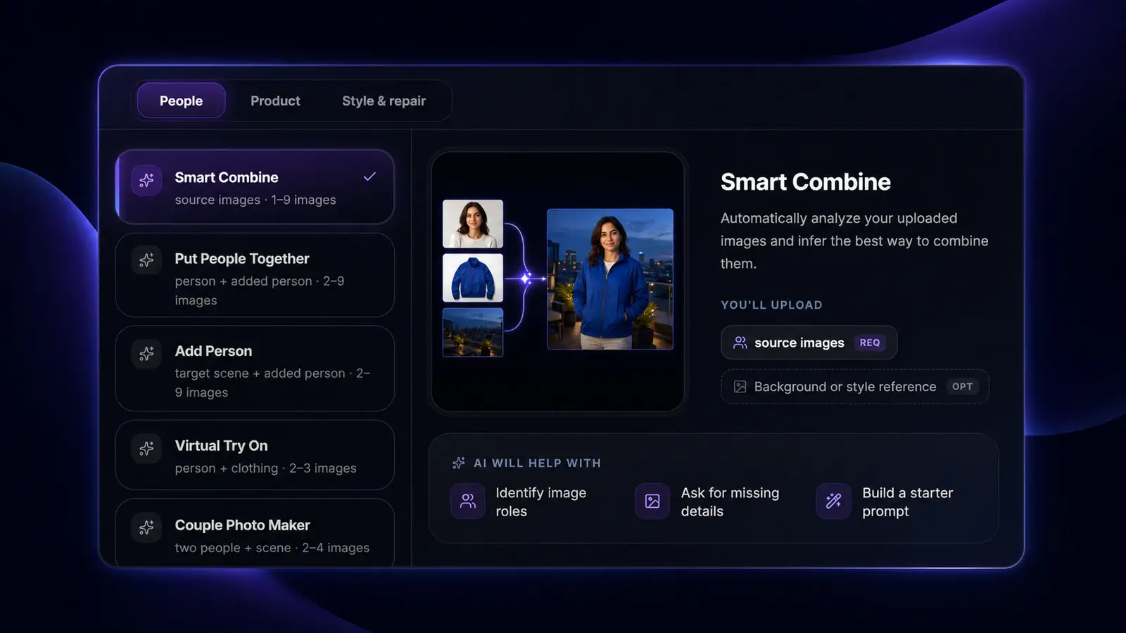 Smart Combine guided workflow and image role analysis interface