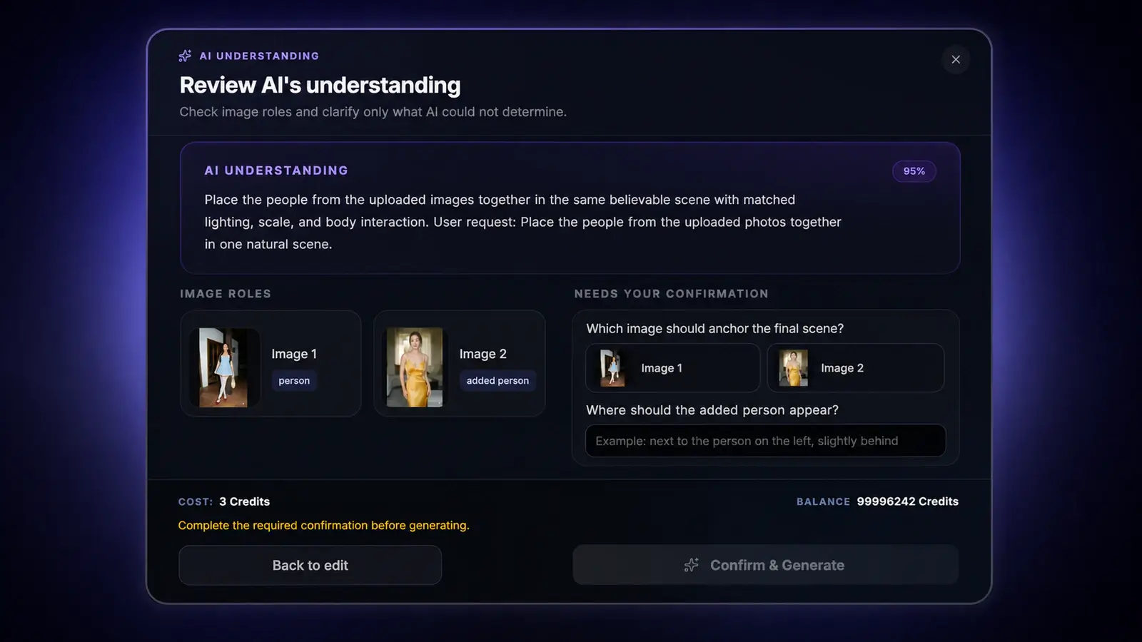 AI image role review and confirmation interface