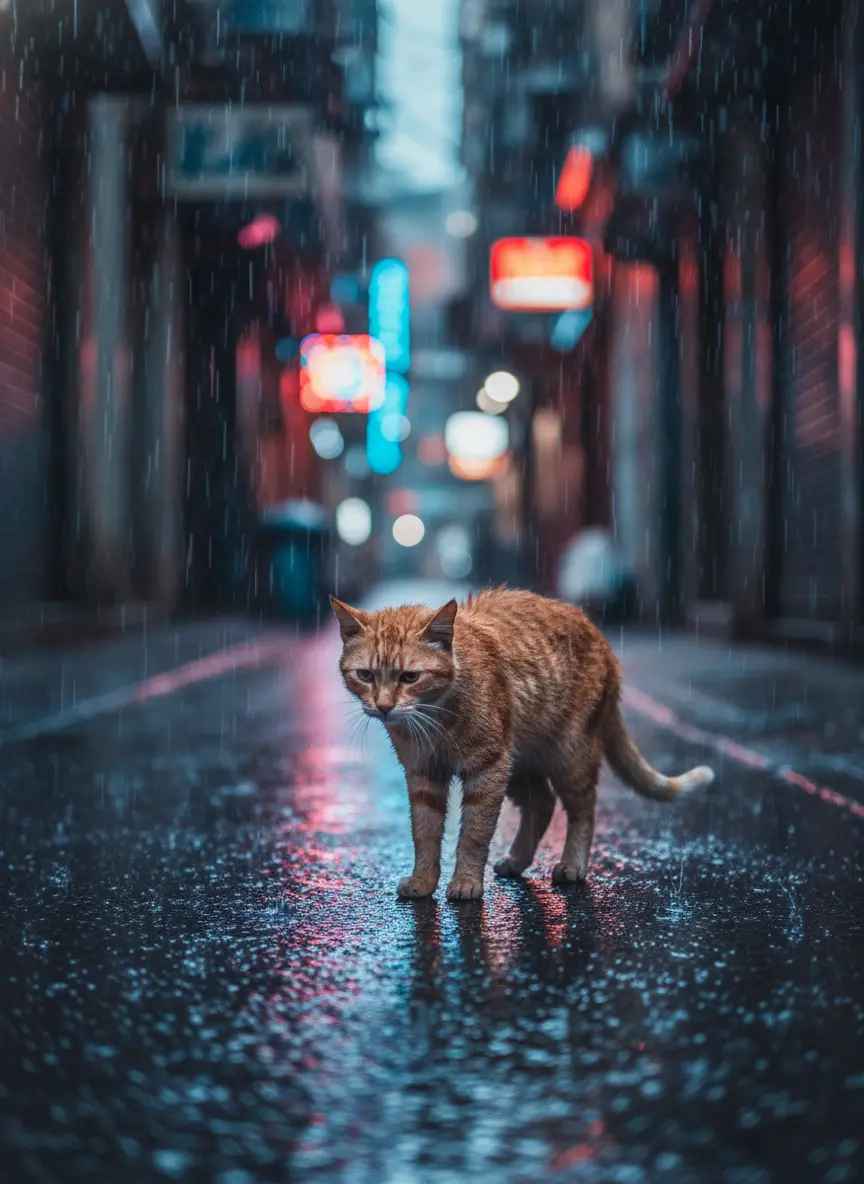 AI transformed rainy street cat scene