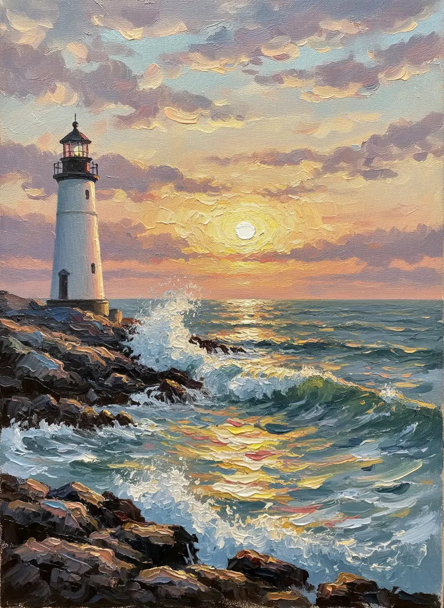 AI transformed oil painting lighthouse