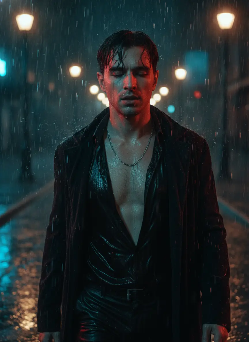 AI transformed noir rain portrait