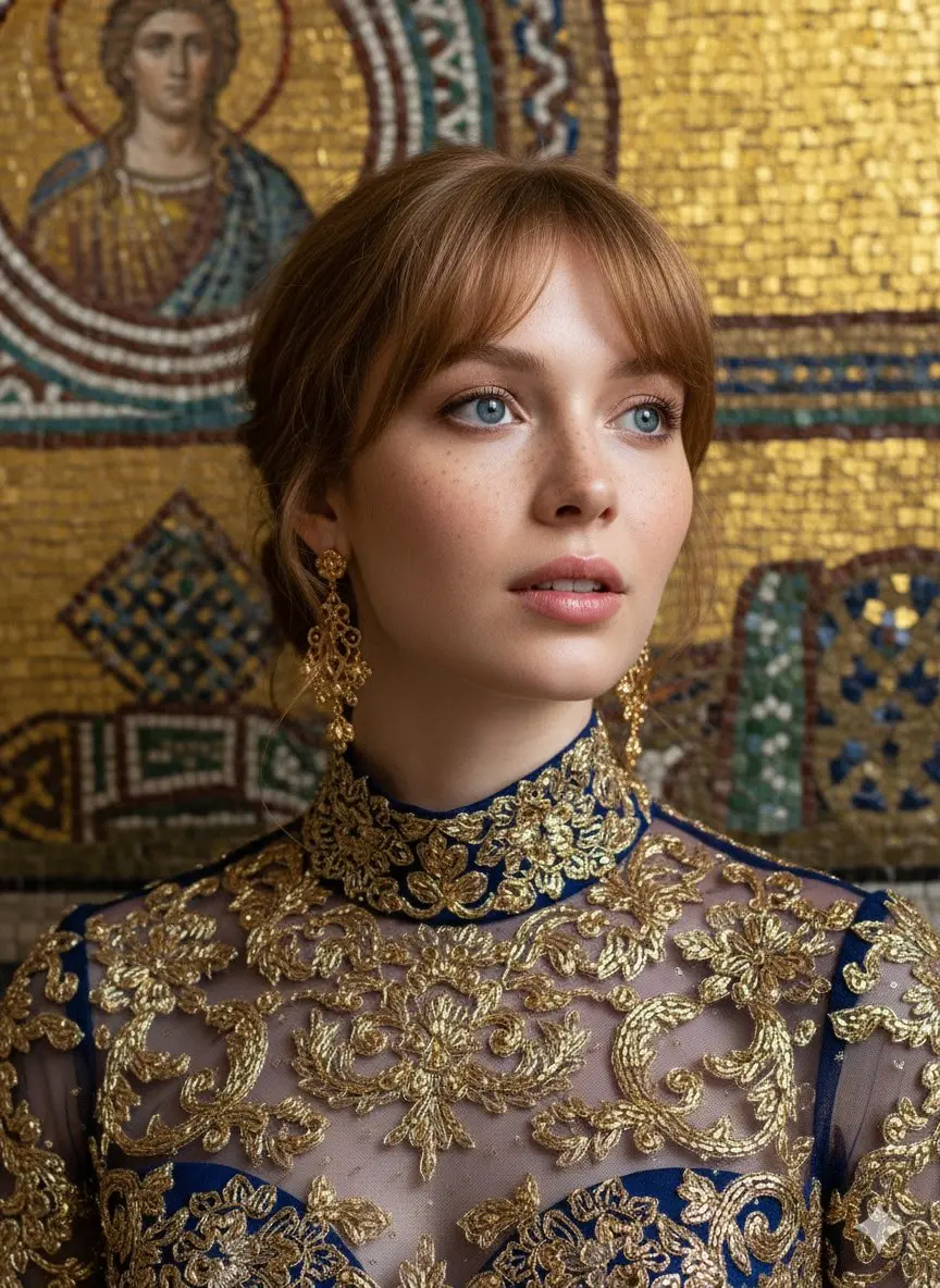 AI generated fashion portrait with Byzantine mosaic