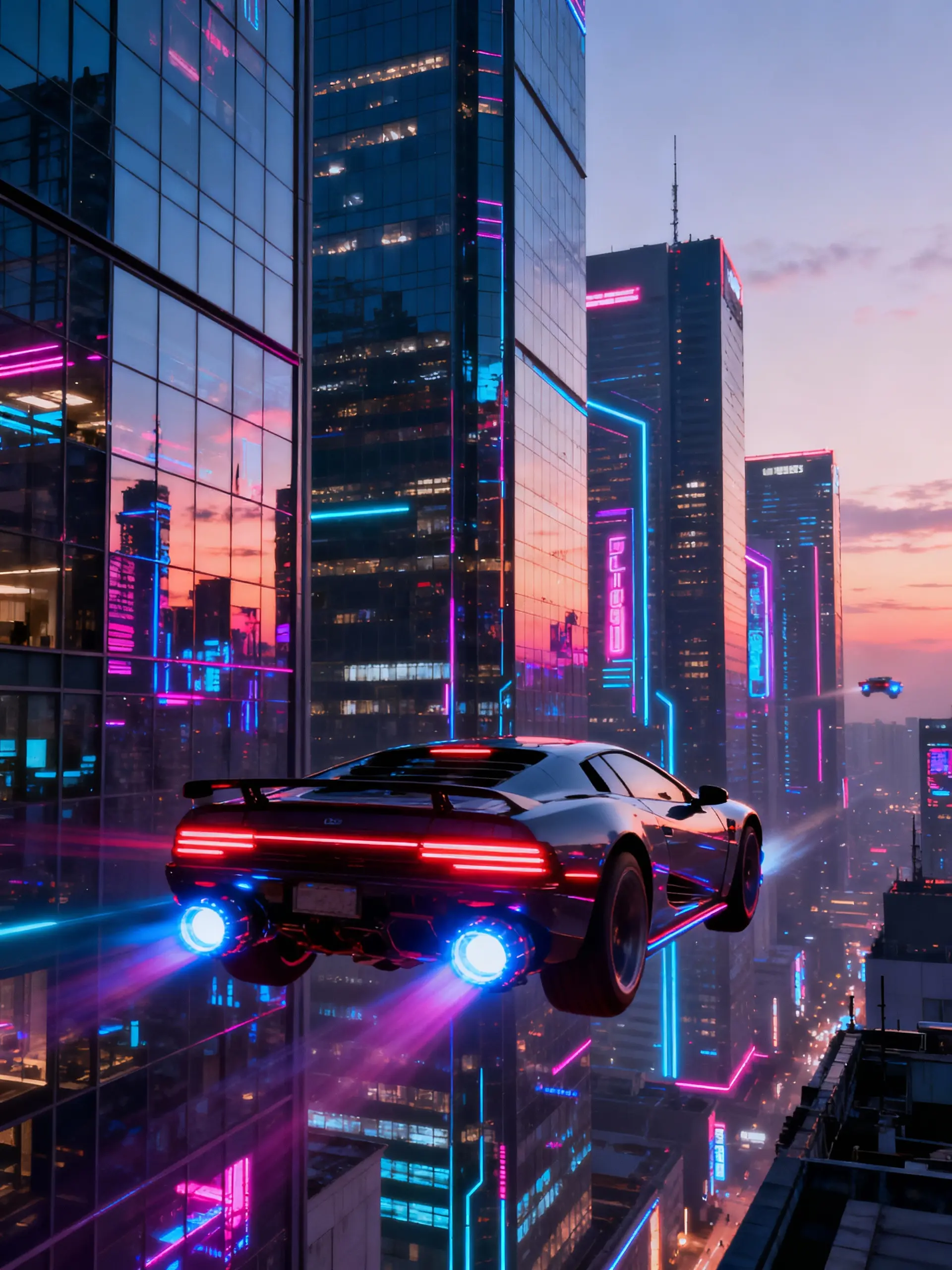 AI generated cyberpunk flying car scene