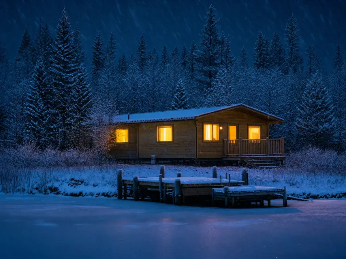 The cabin in a snowy night scene