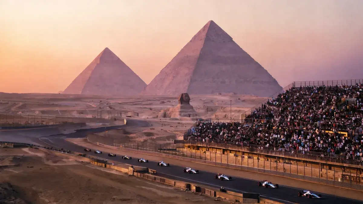 Official BFL Klein image: a motorsport circuit beside the pyramids at dusk