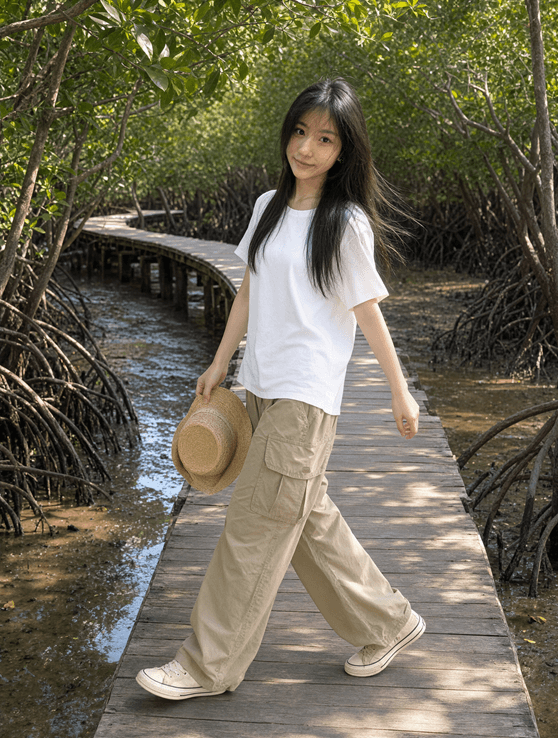 Qwen Image 2.1 女子走在木板路上的户外人像
