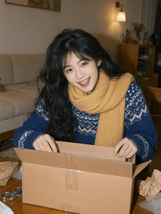 Qwen Image 2.1 室内打开盒子的女性人像