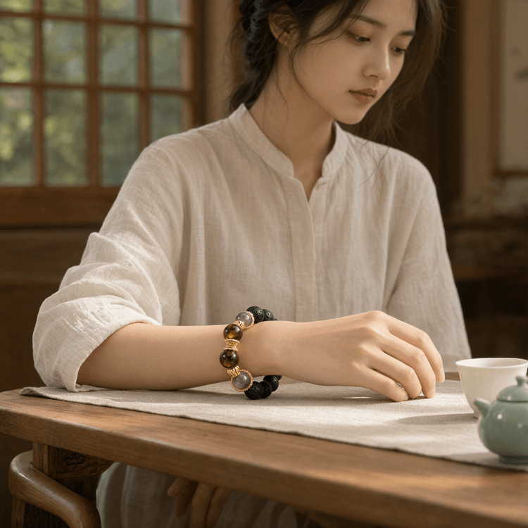 Qwen Image 2.1 女性在桌边佩戴手链的画面