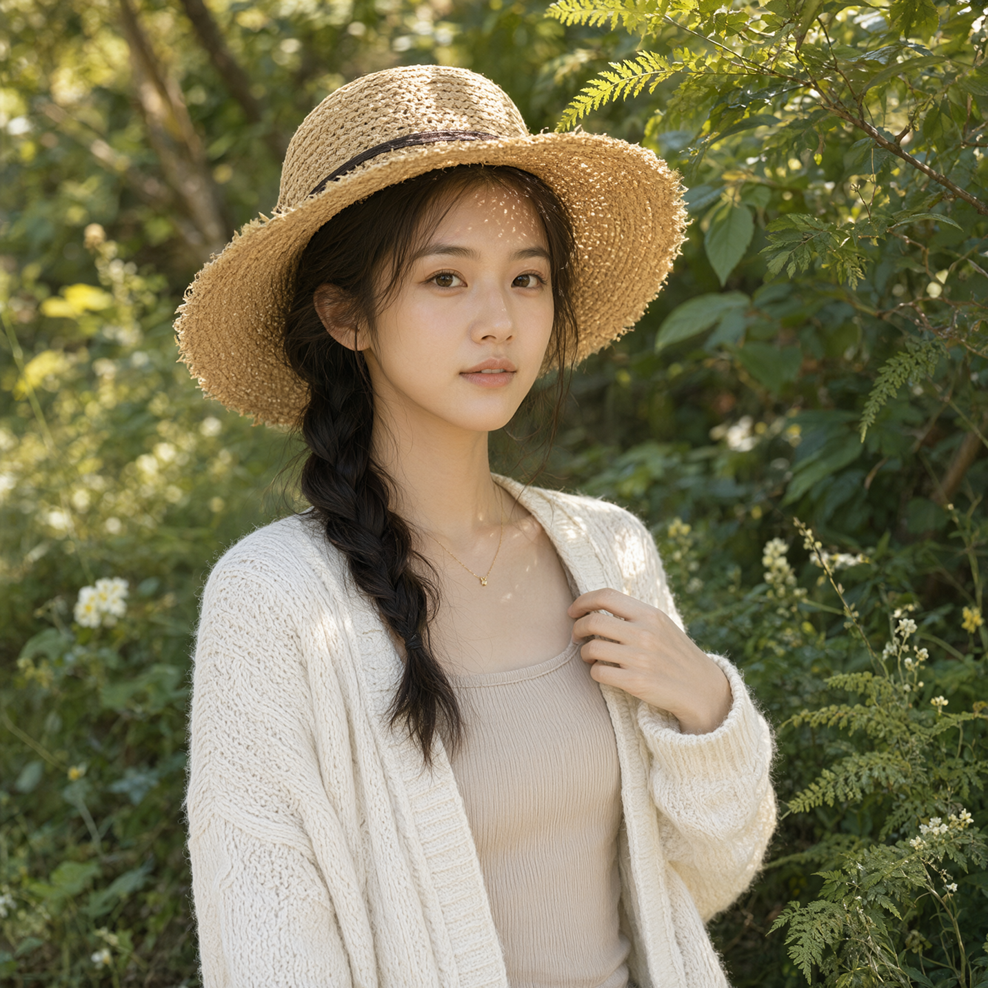 Qwen Image 2.1 自然光下戴草帽的女性人像