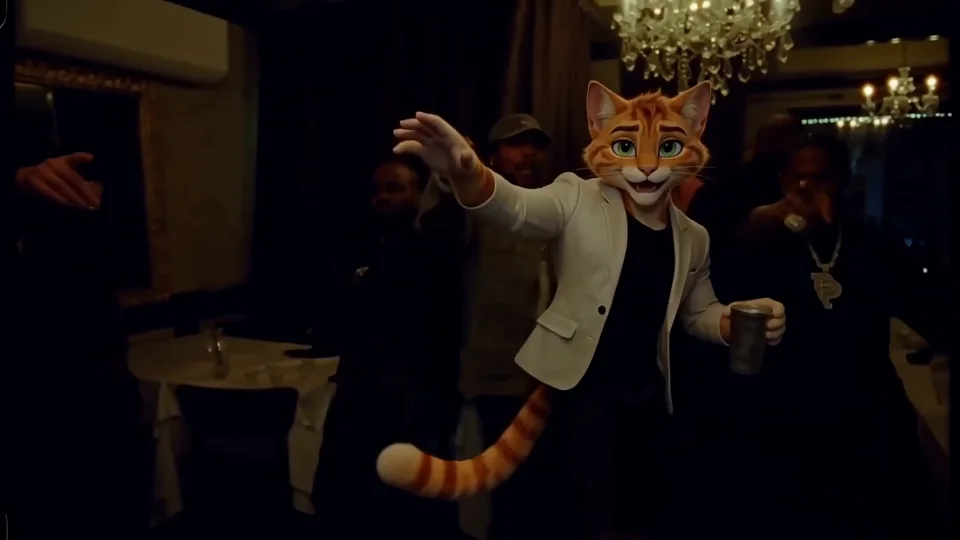Animated cat · Party performance shown as a character-led performance
