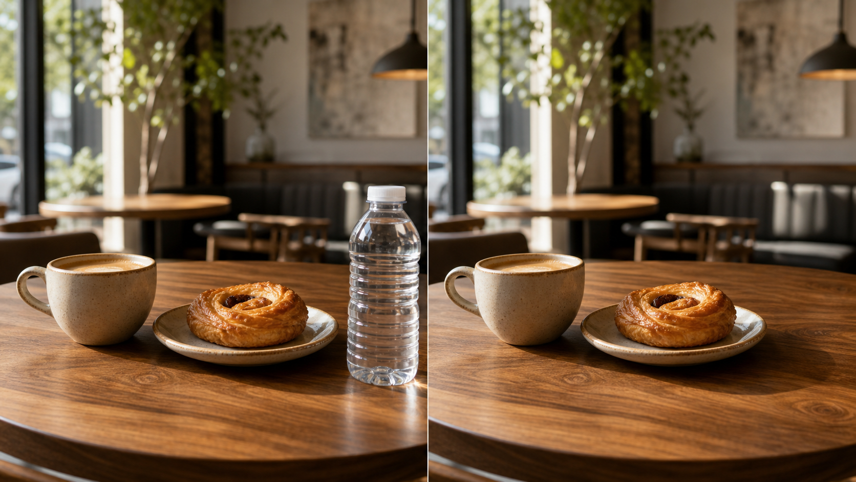 Before and after comparison: a water bottle is removed from a coffee shop product shot