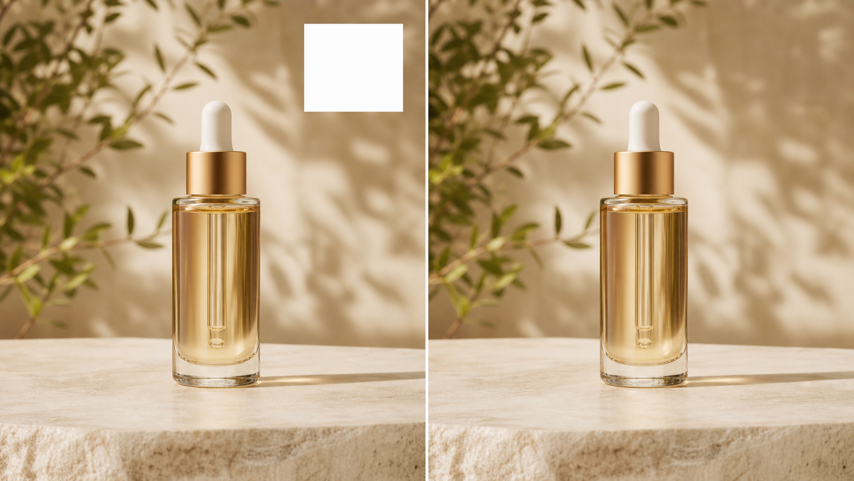 Before and after comparison: a top-right overlay is removed from a skincare product shot