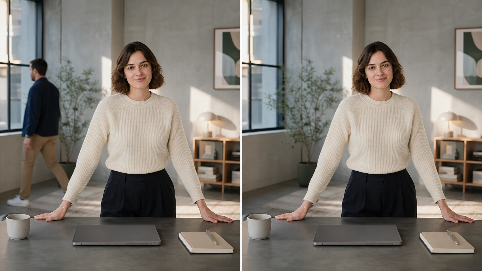 Before and after comparison: a background passerby is removed while the presenter and studio remain unchanged